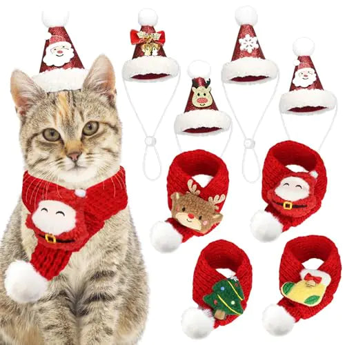 OUHOS Cat Santa Hat with Scarf Dog Christmas Outfit Pet Christmas Hat Cat and Dog Costume for Kittens Puppies Rabbits Figurines Dolls Decoration Santa Claus-M