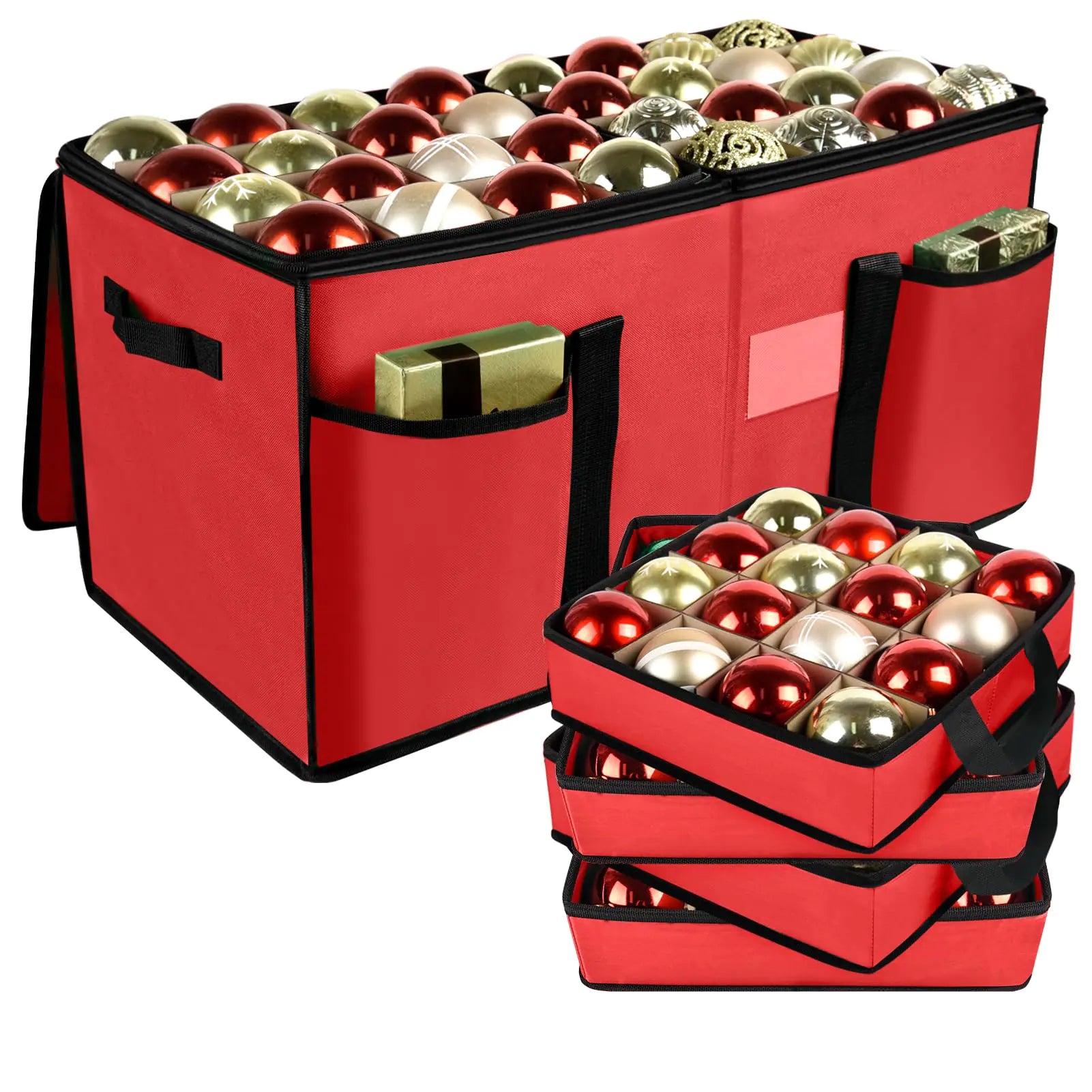Christmas Ornament Storage Box with Dividers Christmas Balls Storage Containers with Zipper & 8 Removable Trays Holds Up to 128 Balls - 600D Oxford Christmas Decoration Storage Organizer Red